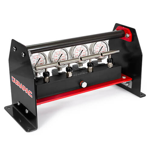 <b>VMN-4M-GF</b> - 4 way steel bodied manifold with needle valves  4 x 3/8”-NPT female outlet ports, 1 x 3/8"-NPT female inlet port (centrally located opposite to the 4 outlet ports). Includes FGA-1 Gauge Adapters & PG-63 Gauges