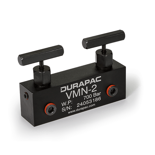 <b>VMN-2</b> - 2 way aluminium bodied manifold with needle valves - 2 x 3/8"-NPT female outlet ports, 1 x 3/8"-NPT female inlet port (centrally located opposite to the 2 outlet ports)